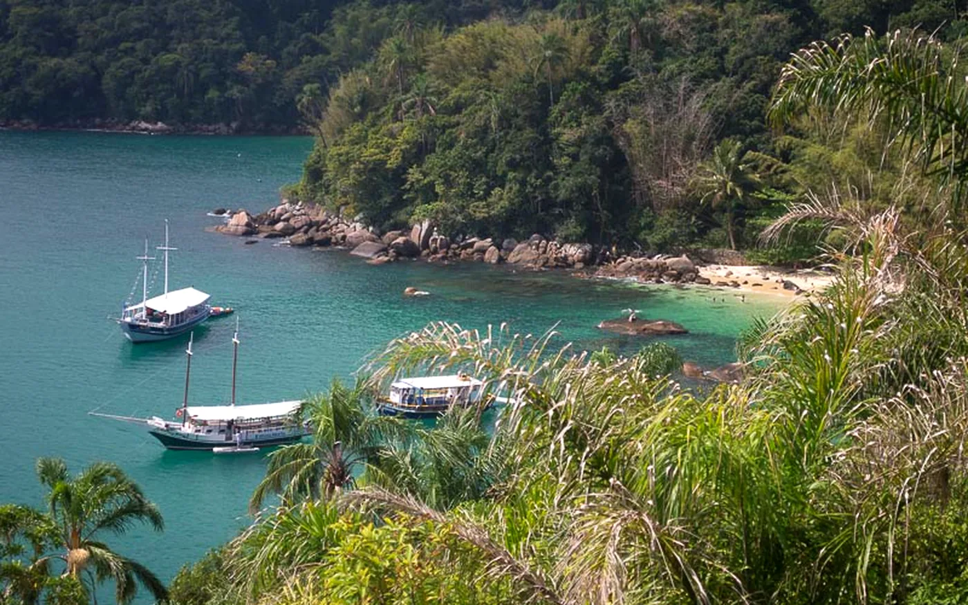 Enseada da Ilha das Couves, em Ubatuba, vista do mirante, com água esverdeada e barcos ancorados