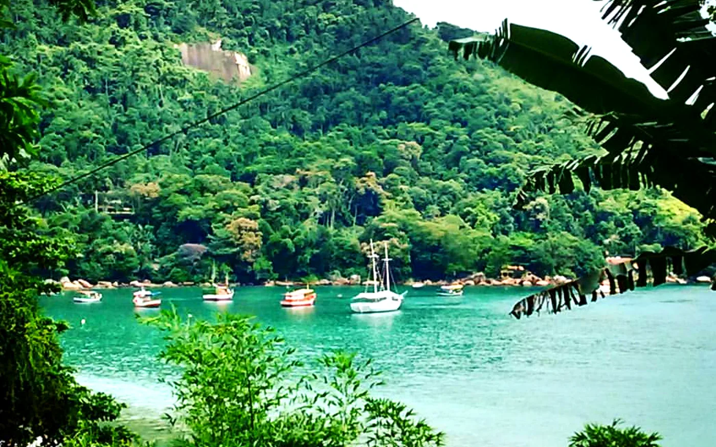 Vila de Picinguaba, no norte de Ubatuba, com barcos ancorados em água esverdeada